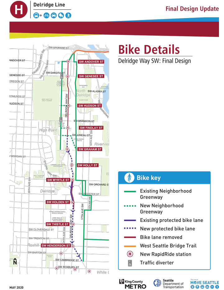 A map showing bike connections on Delridge Way SW and to new or existing Neighborhood Greenways.