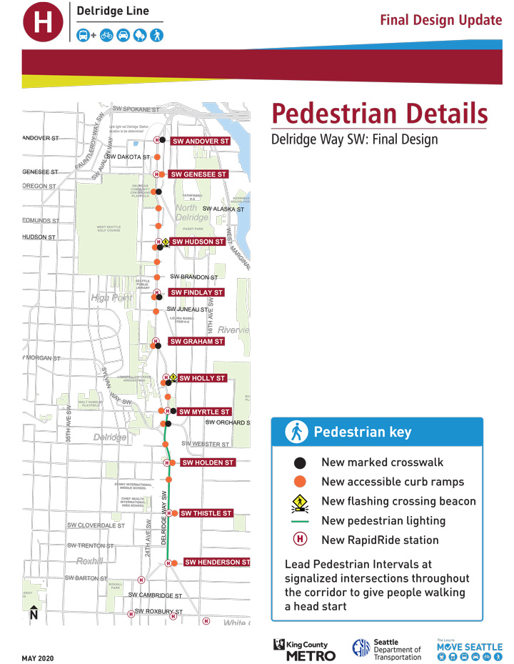 A map shows locations of pedestrian improvements such as new marked crosswalks, curb ramps, flashing beacons and more.